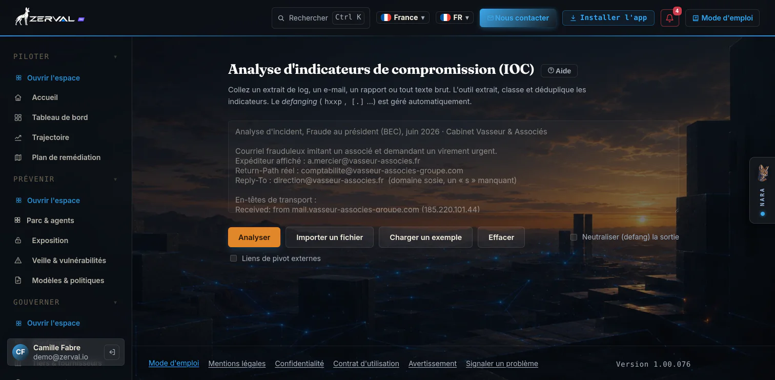 Galyct Pro, console d'analyse, file de travail priorisée et boîte à outils (IOC, en-têtes, forensic) sur données d'exemple