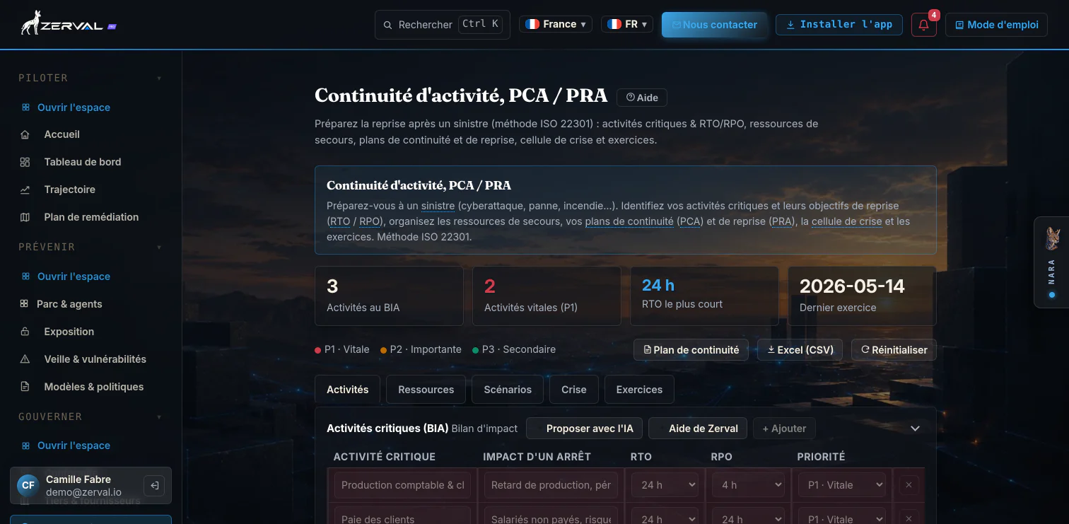 Galyct Pro, Continuité d'activité PCA/PRA, activités critiques, RTO/RPO (données d'exemple)