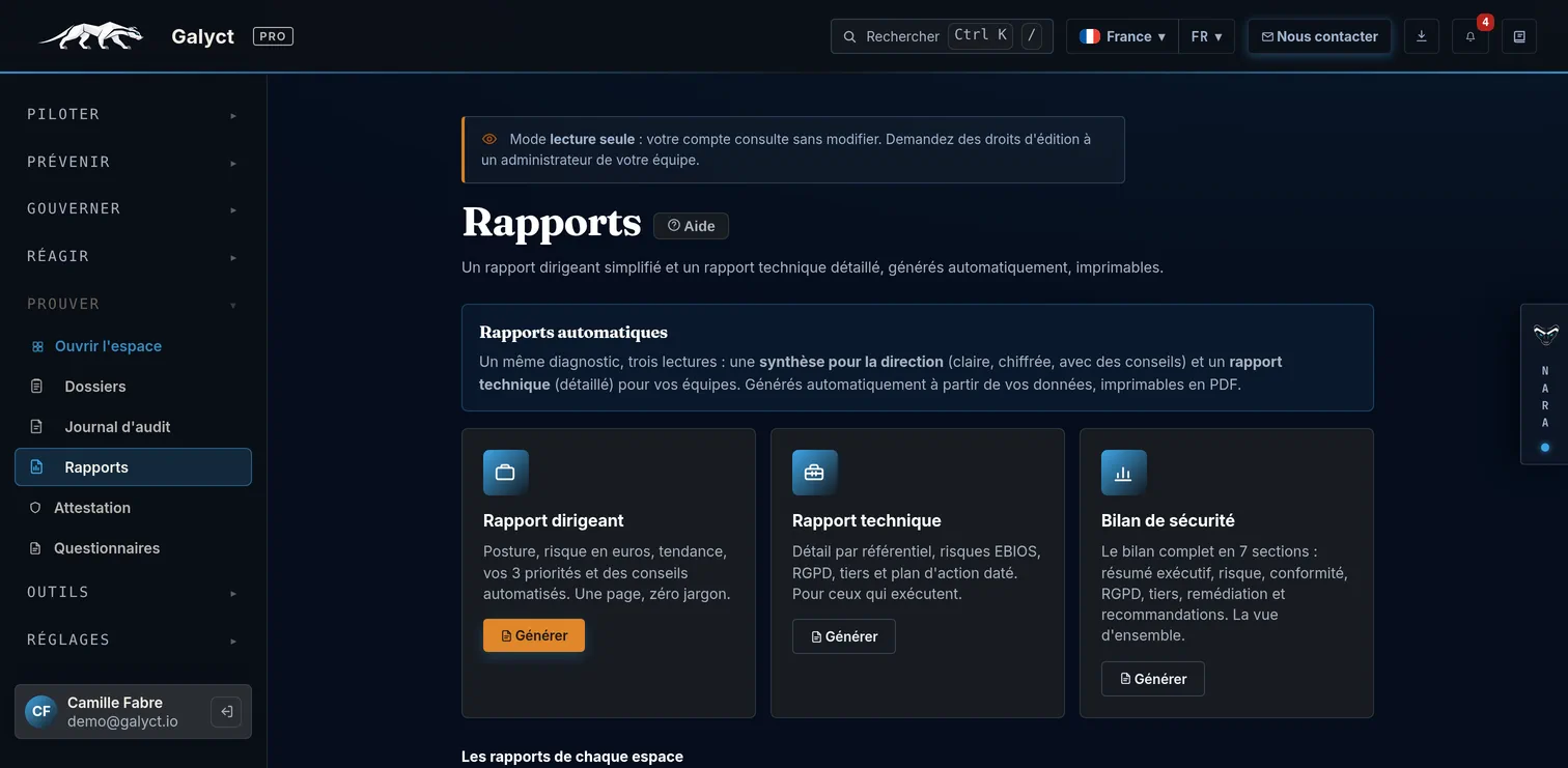 Galyct Pro, Rapports générés automatiquement, dirigeant, technique et bilan de sécurité (données d'exemple)