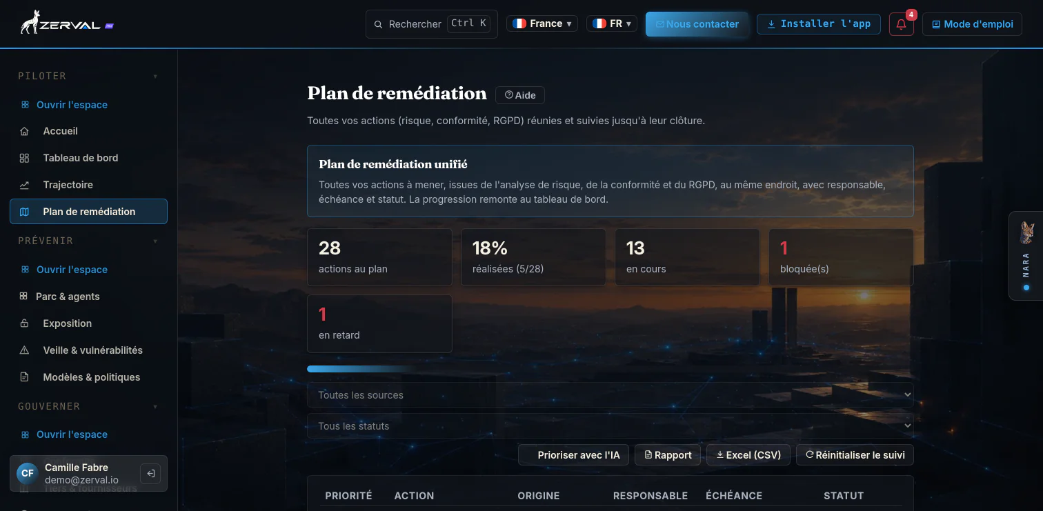Galyct Pro, Plan de remédiation, actions correctives suivies (responsable, échéance, statut) sur données d'exemple