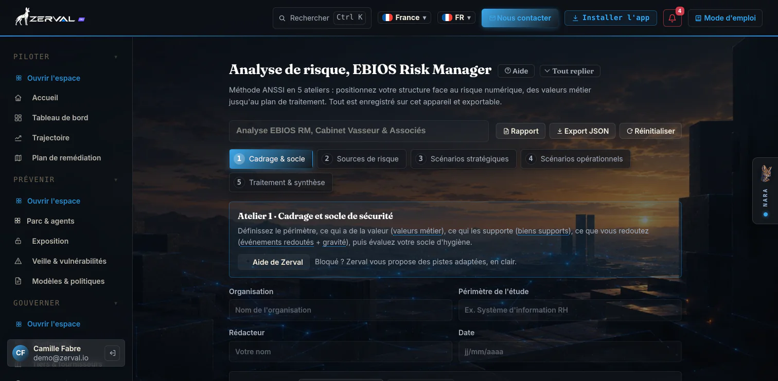 Galyct Pro, module Piloter le risque, matrice EBIOS RM (gravité × vraisemblance) et risque résiduel (données d.exemple)