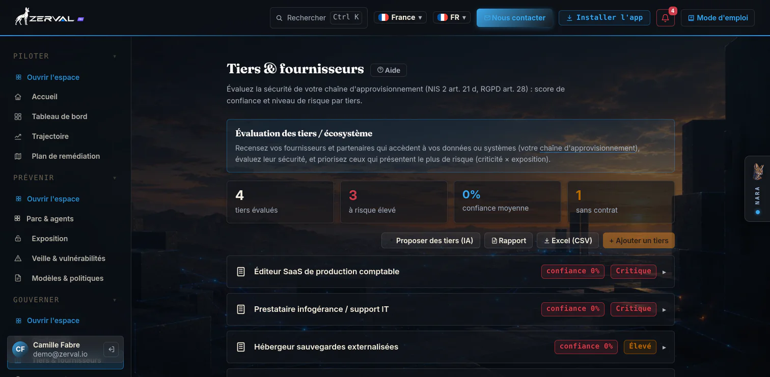 Galyct Pro, Tiers & fournisseurs, évaluation des sous-traitants et exposition (données d'exemple)
